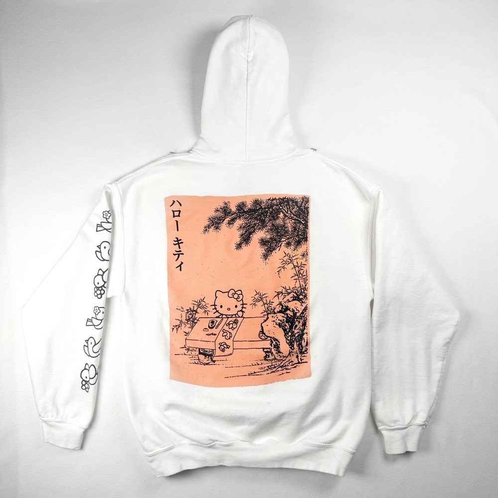 Sanrio Hello Kitty Hoodie Medium White Japanese Woodblock Print Graphic Pullover - Picture 3 of 8